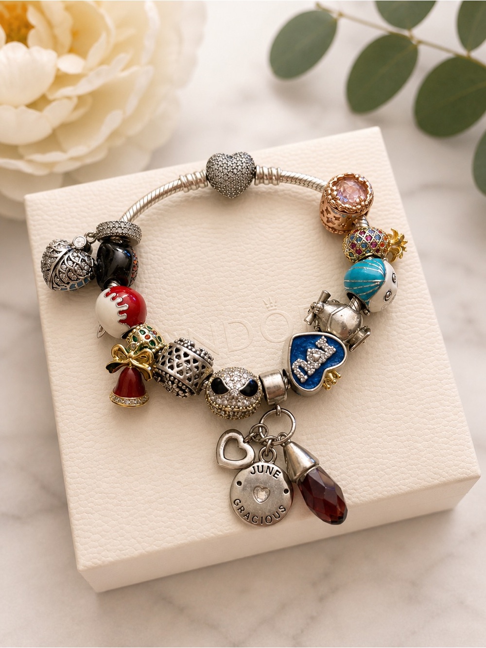 Pandora Sterling Silver Multi-Charm Bracelet with Red, Blue & Turquoise Accents